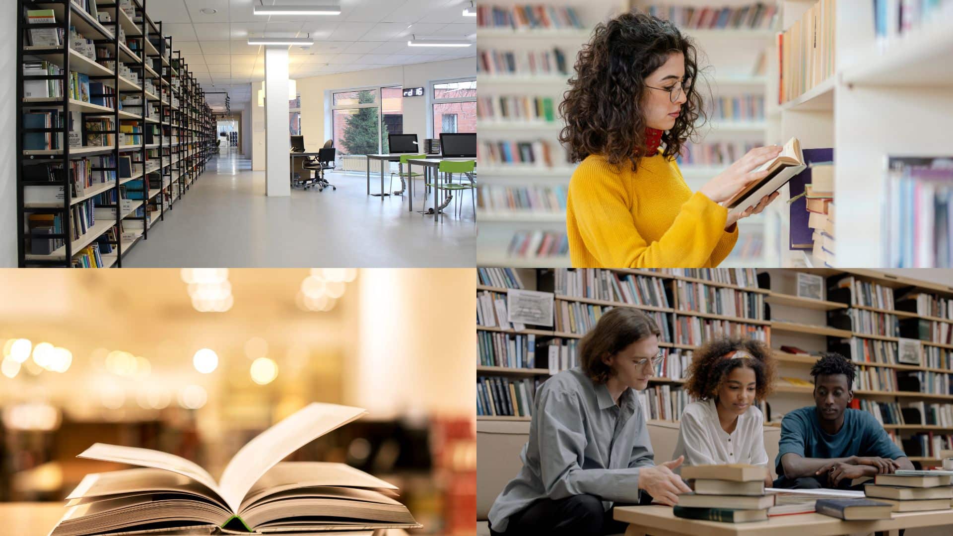 vier Bilder von einer Stadtbibliothek mit menschen die sich bücher anschauen.