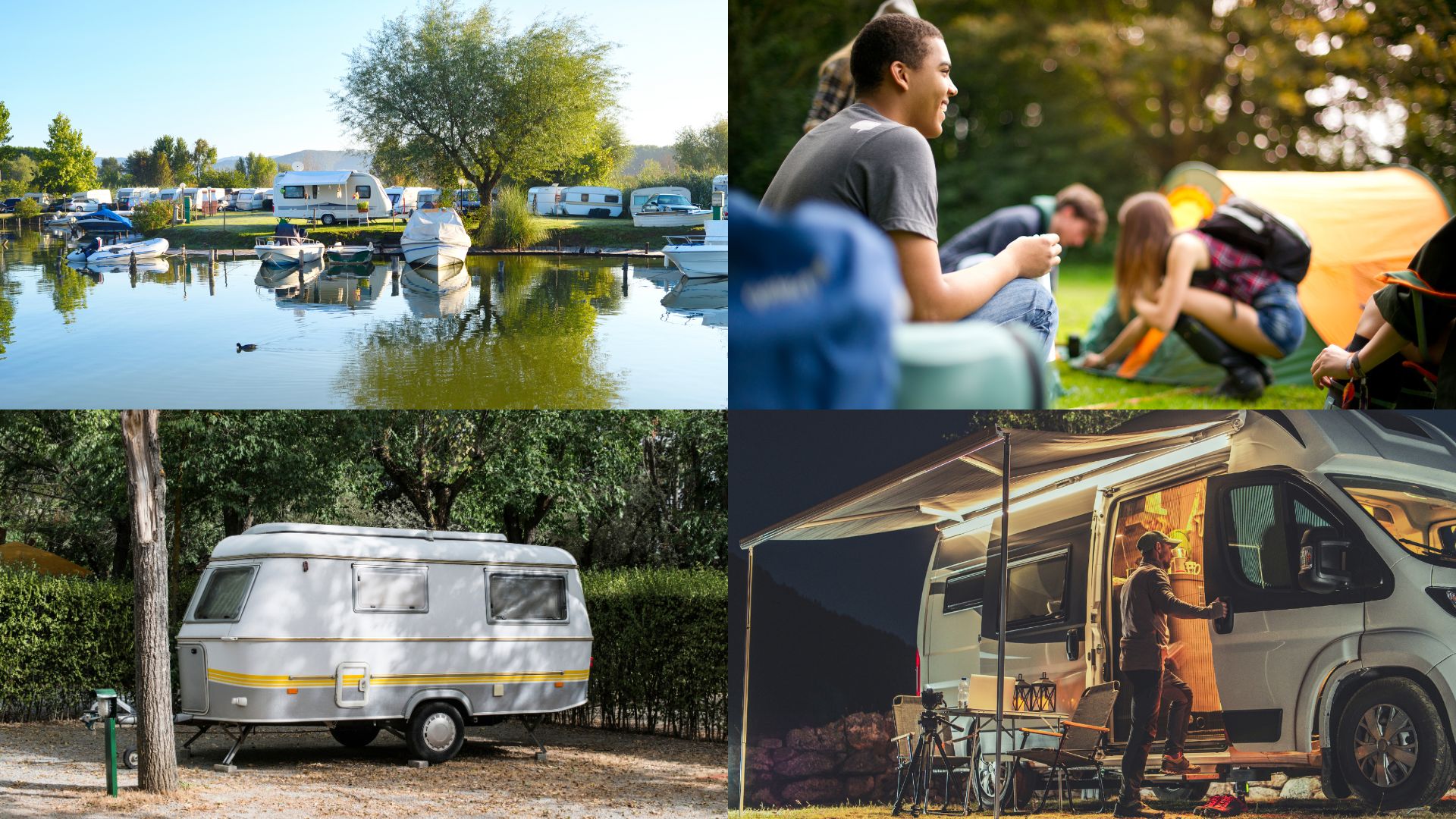 4 Bilder Camping mit Zelt, Wohnwagen und Wohnmobil