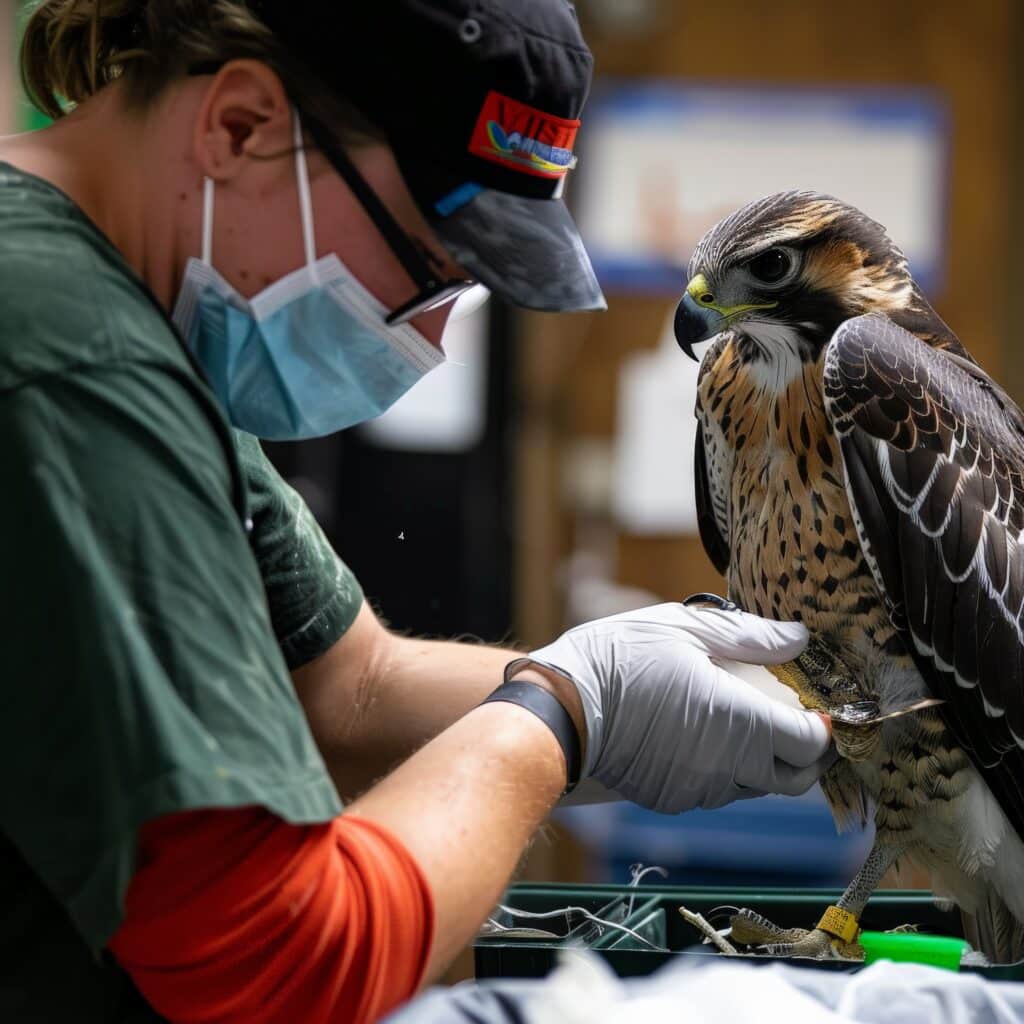 Wildvogel wird von einem Arzt versorgt